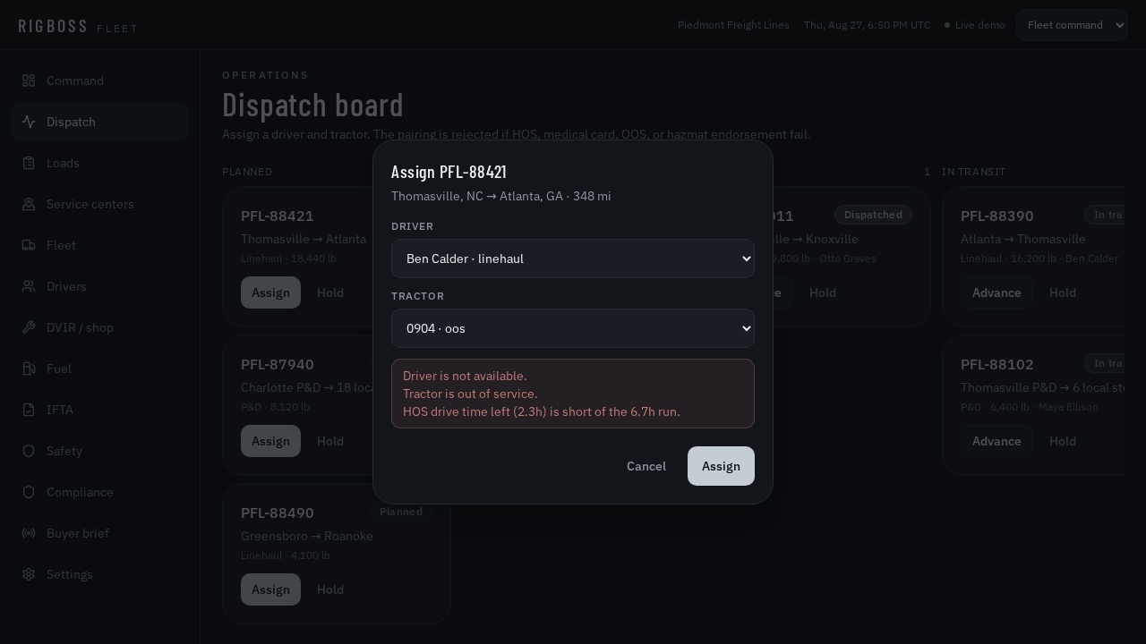 Blocked assignment showing remaining drive hours short of the run